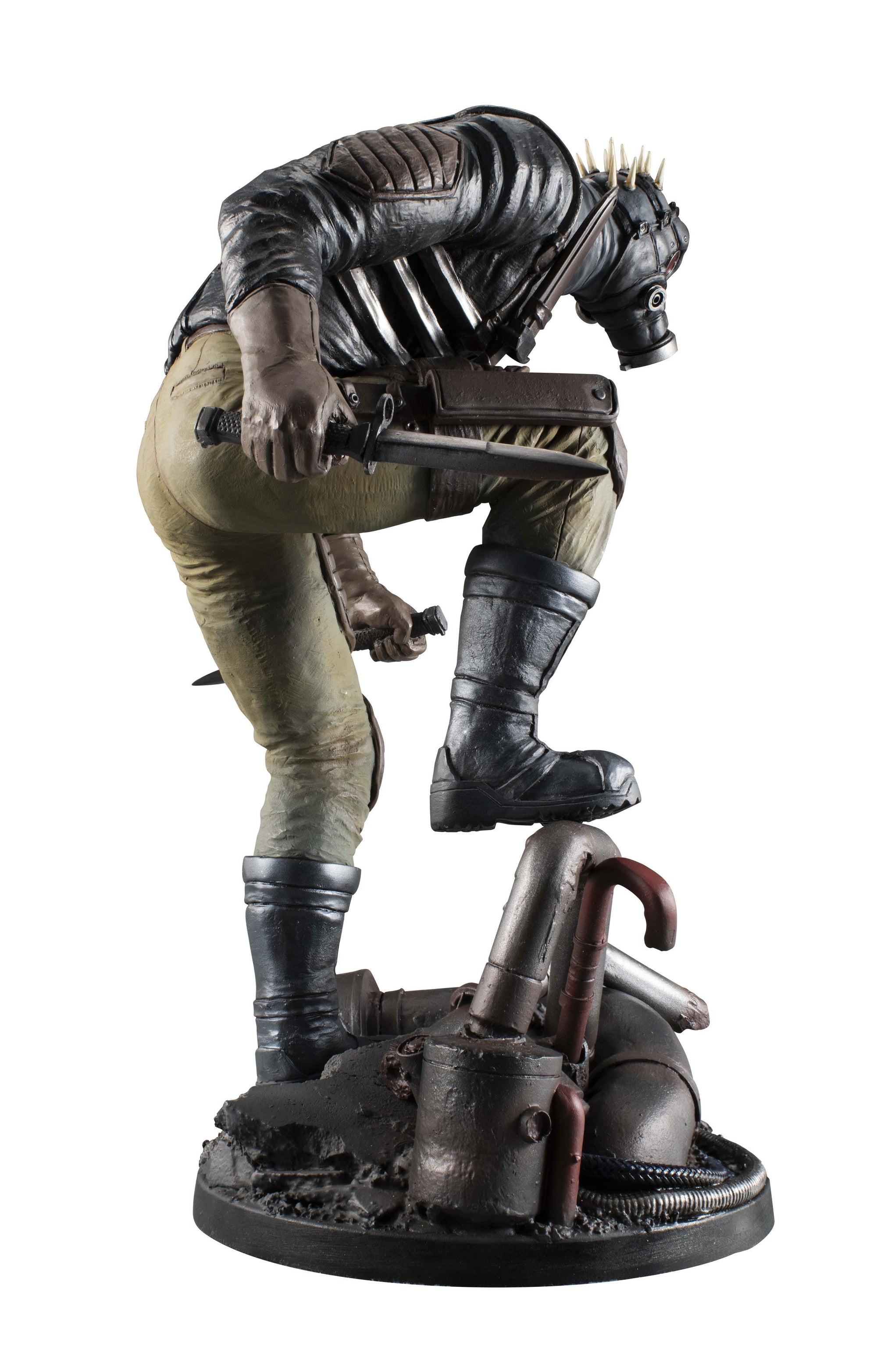 Right-side rear view of the Caiman statue, detailing his dual knife-wielding pose and the post-apocalyptic base design.
