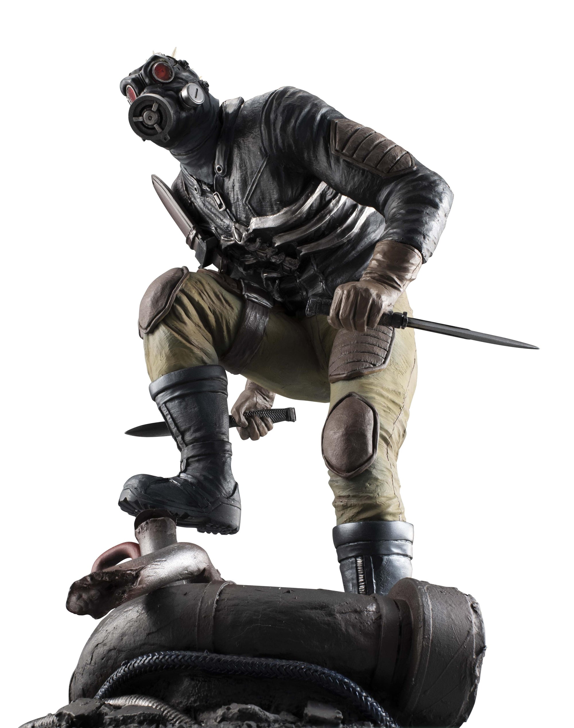 Low-angle close-up portrait of the masked Caiman figure, focusing on the red eyes peeking from behind the gas mask lenses.