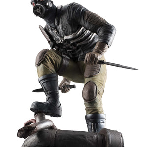 Low-angle close-up portrait of the masked Caiman figure, focusing on the red eyes peeking from behind the gas mask lenses.