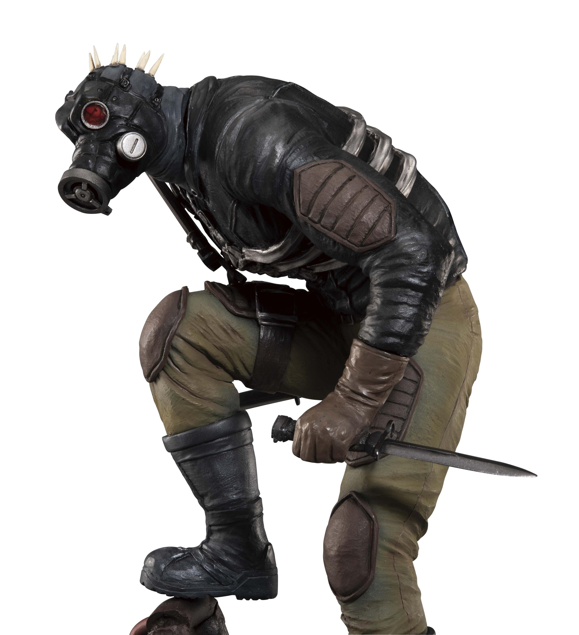Side view close-up of Caiman's gas mask head part, highlighting the prototype sculpting work by artist Atsushi Gojima.