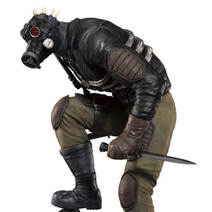 Side view close-up of Caiman's gas mask head part, highlighting the prototype sculpting work by artist Atsushi Gojima.