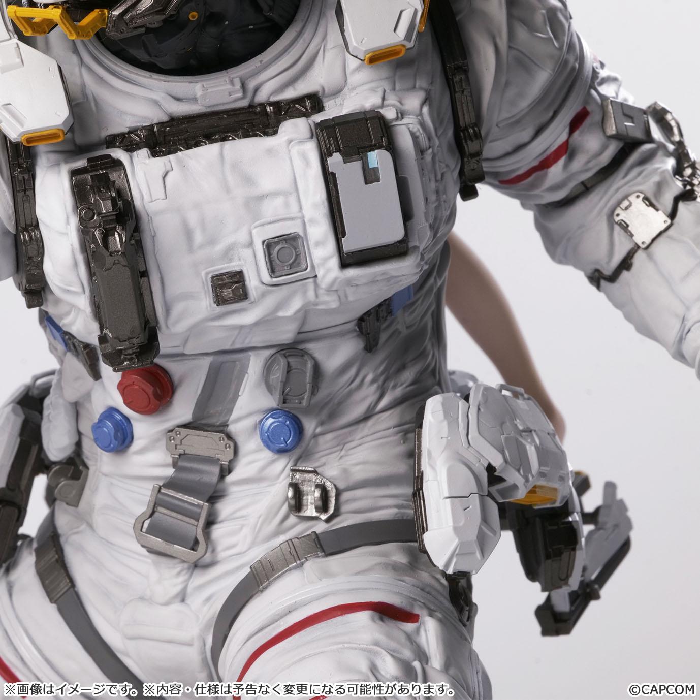 Close-up macro view of Hugh's space suit chest console, showcasing realistic fabric folds, technical pouches, mechanical dials, and red and blue button detailing.