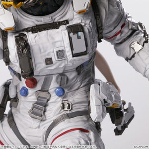 Close-up macro view of Hugh's space suit chest console, showcasing realistic fabric folds, technical pouches, mechanical dials, and red and blue button detailing.