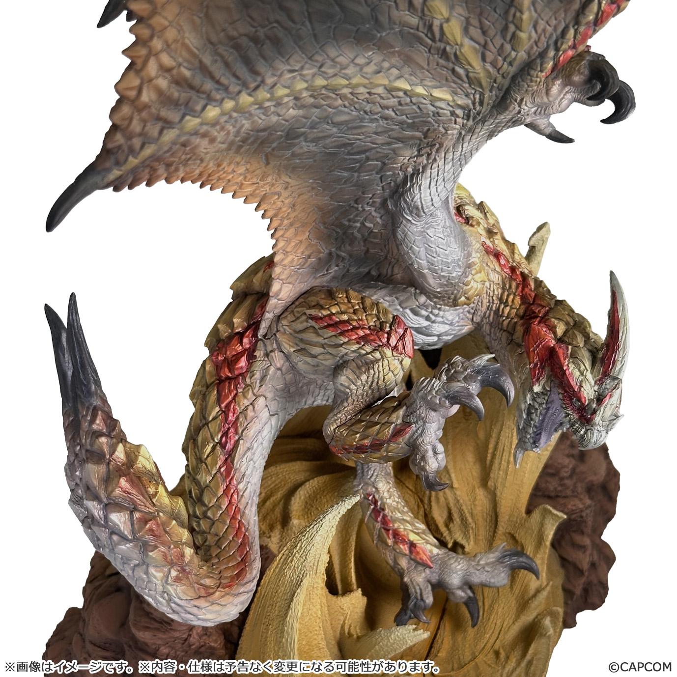 Medium shot of the Seregios Monster Hunter figure showing sharp foot talons, golden scales, and powerful body posture.