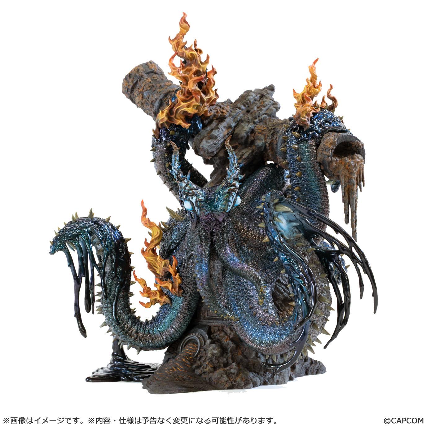 Front product view of the Capcom Figure Builder Creator's Model Nu Udra figure from Monster Hunter, showcasing the highly detailed, metallic-iridescent octopus monster with hell flames clinging to a rotted, leaking shipwreck mast.
