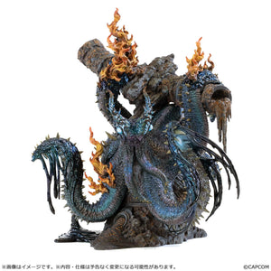 Front product view of the Capcom Figure Builder Creator's Model Nu Udra figure from Monster Hunter, showcasing the highly detailed, metallic-iridescent octopus monster with hell flames clinging to a rotted, leaking shipwreck mast.