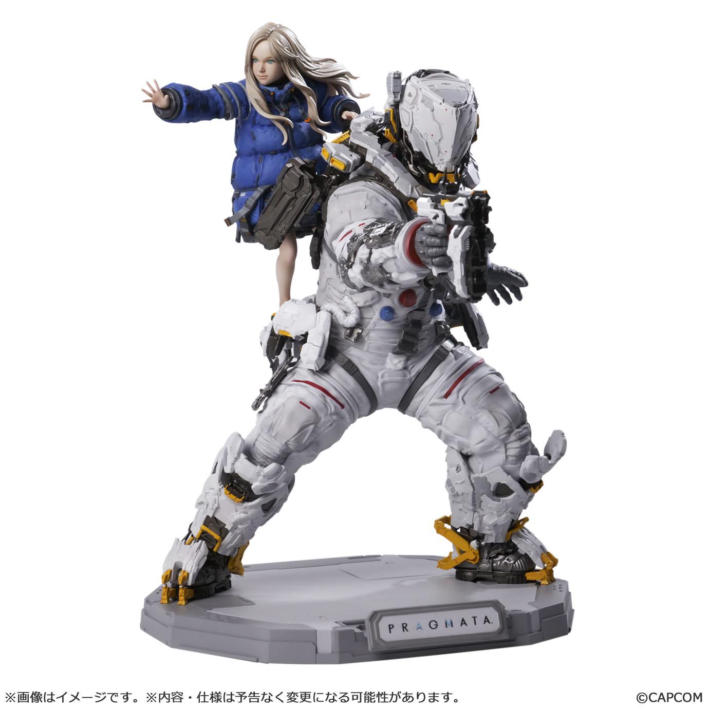 Front product studio shot of the Capcom Figure Builder Creator's Model Pragmata Hugh and Diana 1/7 scale figure, showcasing the futuristic white astronaut suit and the blonde girl riding on his back.