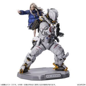 Front product studio shot of the Capcom Figure Builder Creator's Model Pragmata Hugh and Diana 1/7 scale figure, showcasing the futuristic white astronaut suit and the blonde girl riding on his back.
