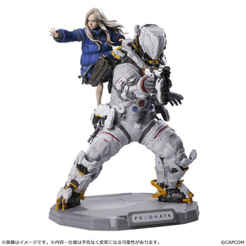 Front product studio shot of the Capcom Figure Builder Creator's Model Pragmata Hugh and Diana 1/7 scale figure, showcasing the futuristic white astronaut suit and the blonde girl riding on his back.