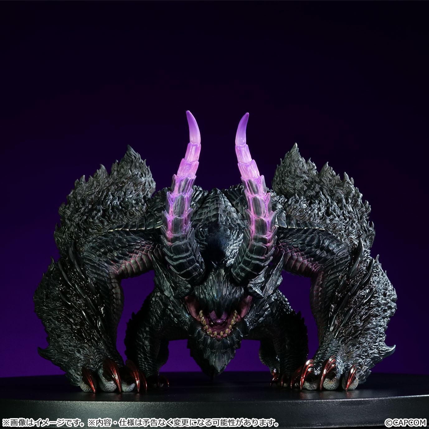 Head-on front view of the Monster Hunter Gore Magala Sofvi model figure against a dark backdrop.