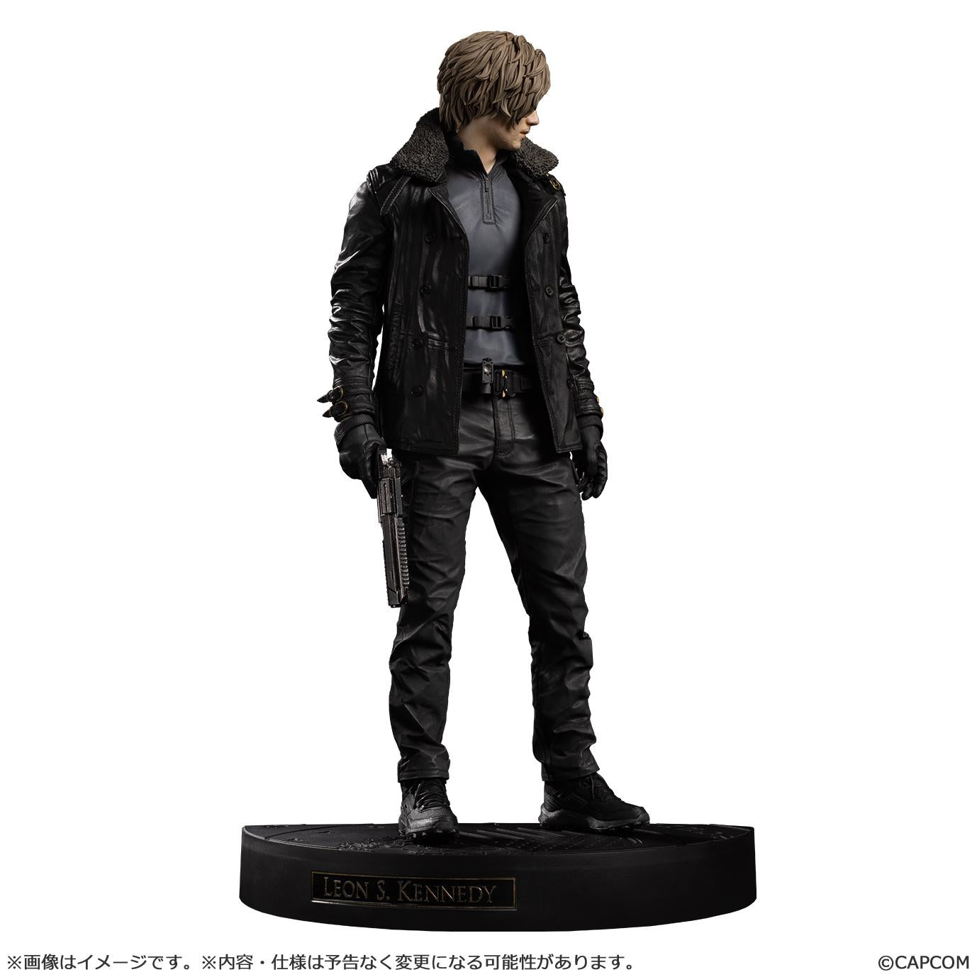 Side profile of Leon S. Kennedy standing in a memorable pose on a circular display base with a "Leon S. Kennedy" nameplate.