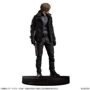 Side profile of Leon S. Kennedy standing in a memorable pose on a circular display base with a "Leon S. Kennedy" nameplate.