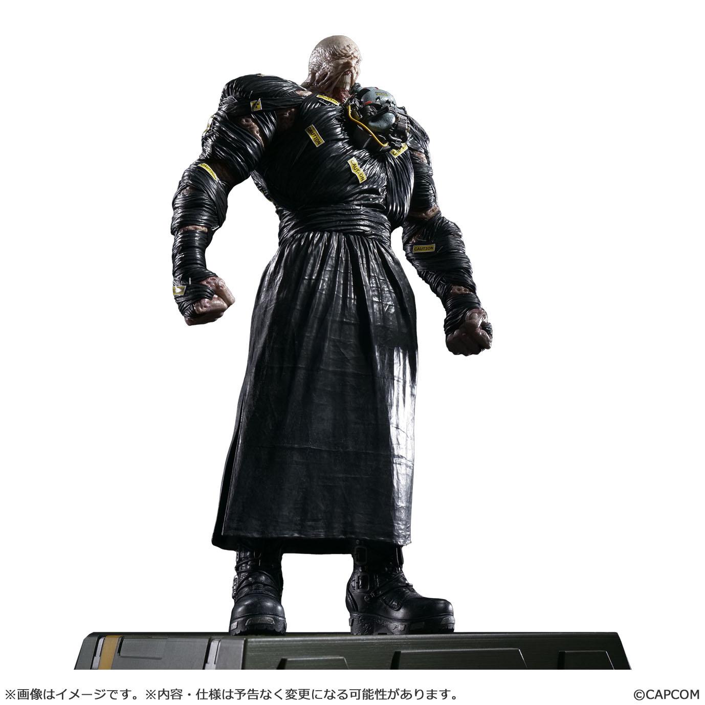 A low-angle studio shot of the 18-inch Nemesis figure by Capcom, emphasizing the imposing monster's height and detailed muscular sculpt.