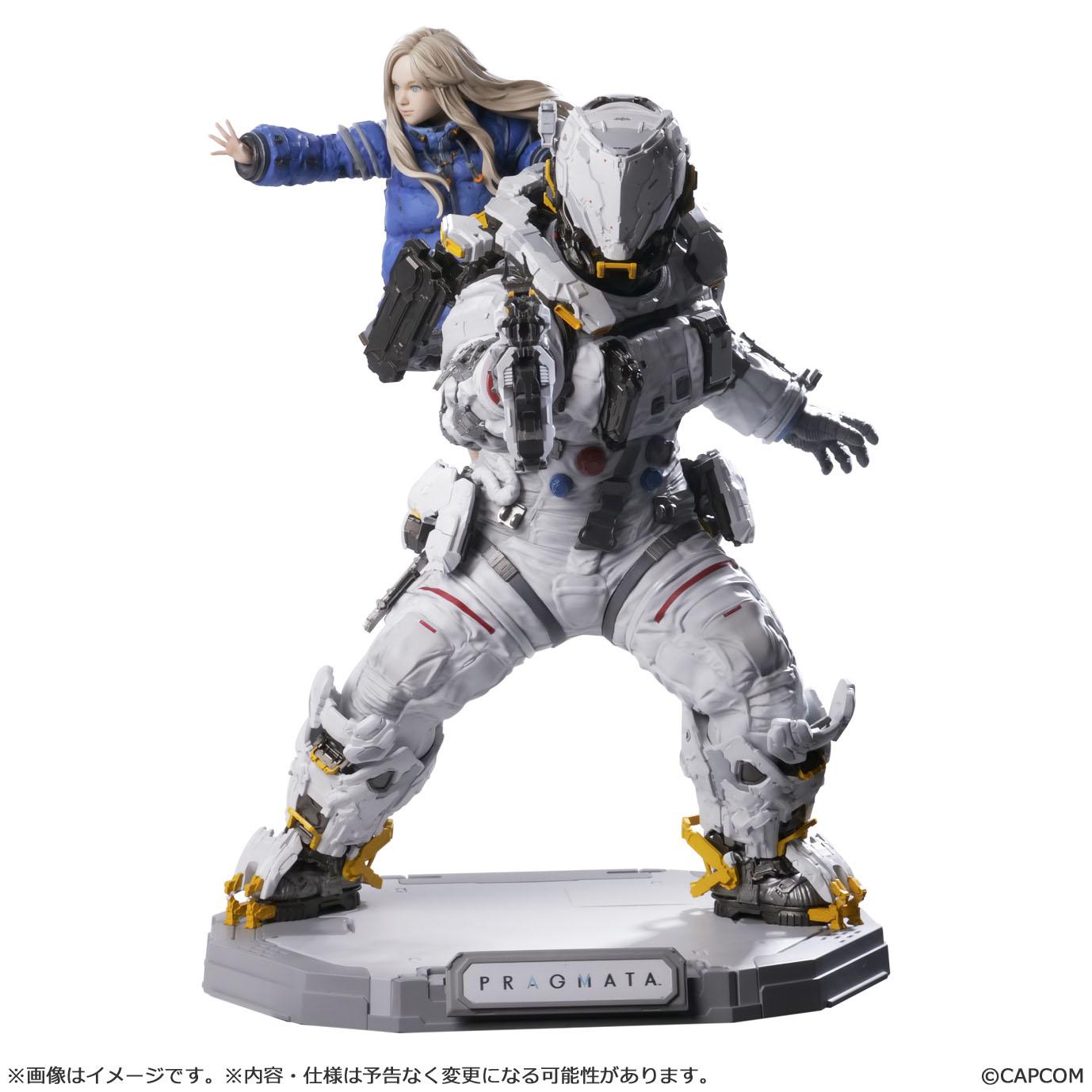 Lower-angle front view of the Capcom Figure Builder Pragmata statue, highlighting the heavy bipedal leg armor with yellow mechanical accents and the detailed logo base.