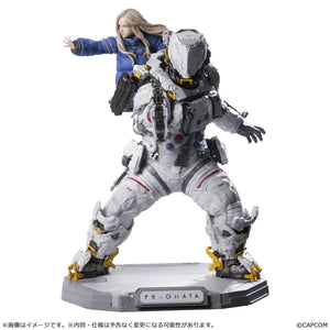 Lower-angle front view of the Capcom Figure Builder Pragmata statue, highlighting the heavy bipedal leg armor with yellow mechanical accents and the detailed logo base.
