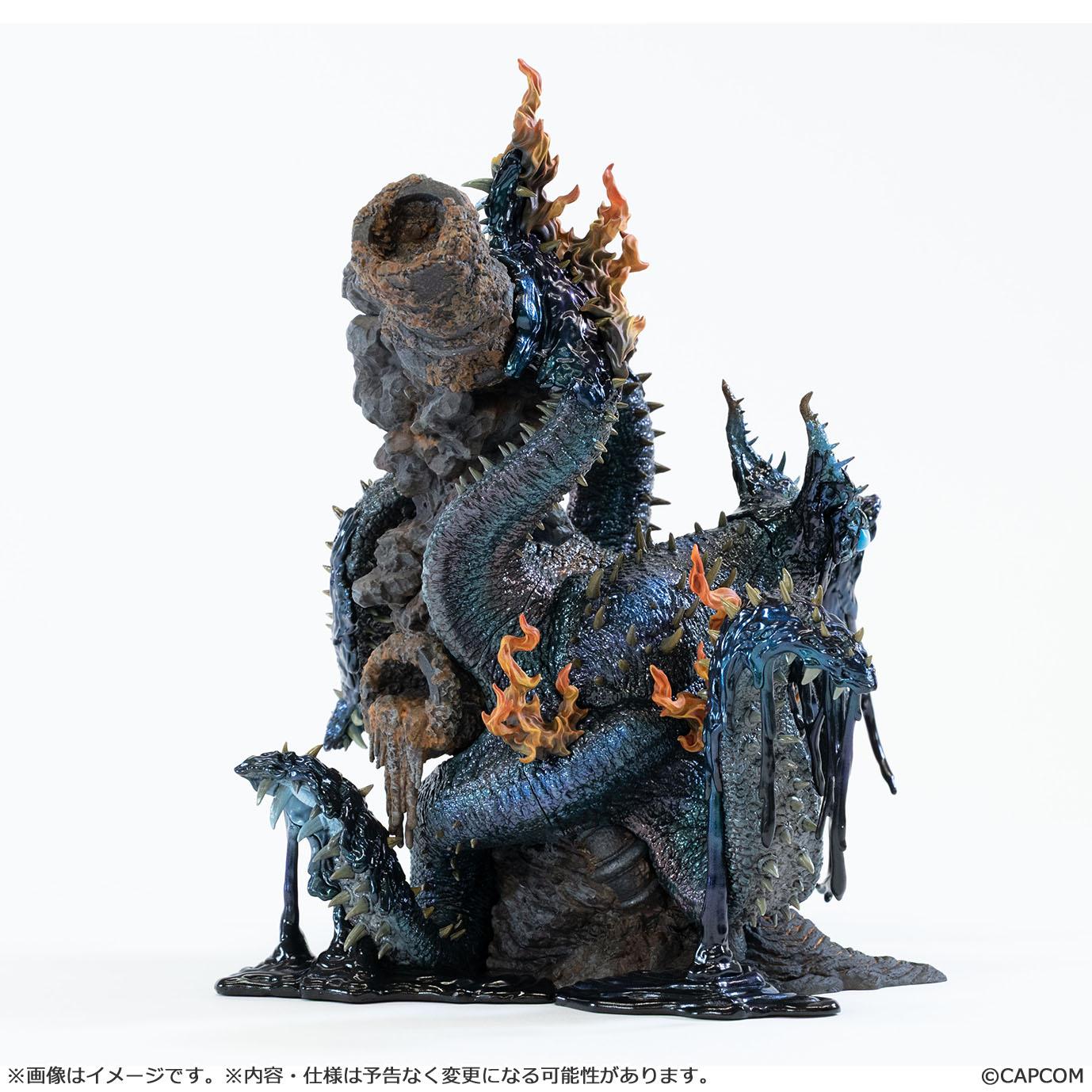 Left side profile view of the non-articulated Capcom Nu Udra hell flame octopus figure, highlighting the dynamic curve of the tentacles, dripping sludge from the broken ship pipe, and intricate scale sculpting.