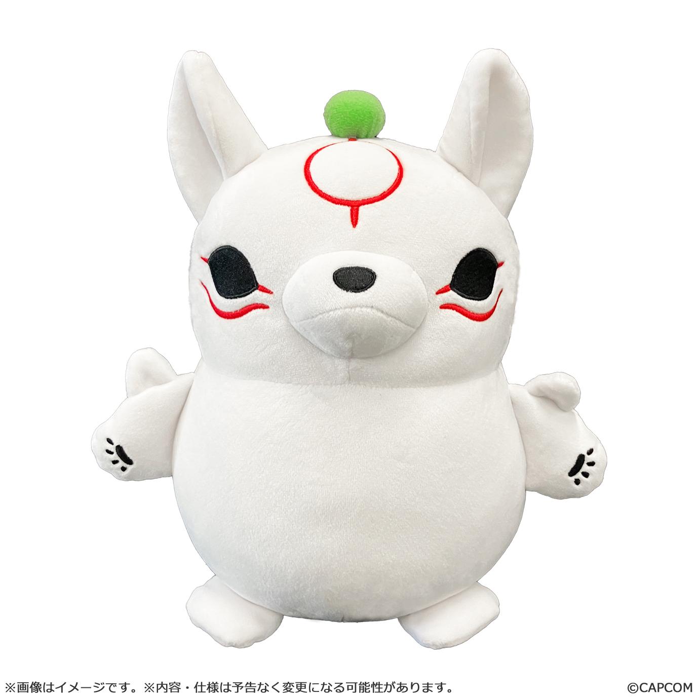 Front view of the Capcom Okami 20th Anniversary Amaterasu MochiKawa medium size plushie, showcasing the round white wolf design with red facial markings, black eyes, and a small green sprout on its head.