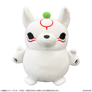 Front view of the Capcom Okami 20th Anniversary Amaterasu MochiKawa medium size plushie, showcasing the round white wolf design with red facial markings, black eyes, and a small green sprout on its head.