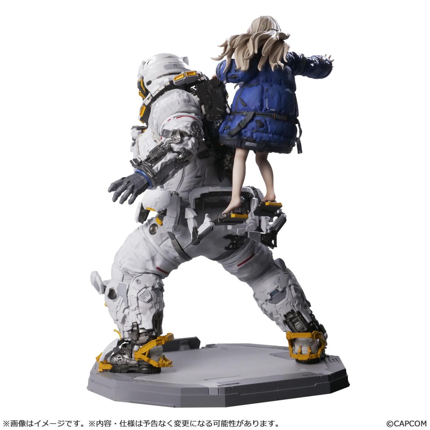 Full rear view of the Capcom Pragmata scale figure, detailing the mechanical brackets supporting Diana on the back of the white space suit, her blue puffer coat, and the gray display base.