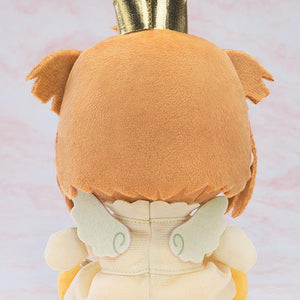 Rear view of the Cardcaptor Sakura Kinomoto anime plushie showing her brown hair, gold crown, and small light green wings attached to her dress.