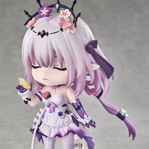 Castorice Nendoroid figure featuring a peaceful, closed-eyes face plate while looking down gently at a small yellow butterfly accessory resting on her gloved hand.