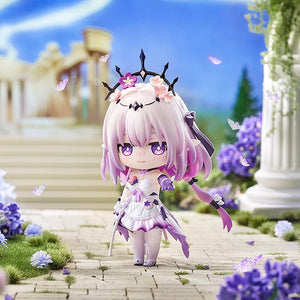 Castorice Nendoroid with a blushing expression posed in a sunlit white marble temple courtyard diorama surrounded by lush lavender blooms and floating butterflies.