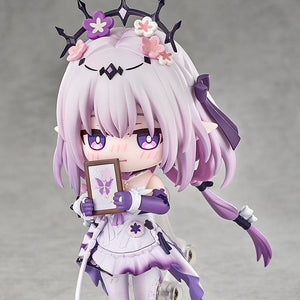 Honkai: Star Rail Castorice Nendoroid figure showcasing a blushing, embarrassed face plate while shyly holding up a tiny brown picture frame displaying a purple butterfly.