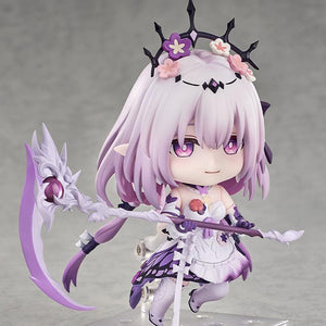 Three-quarter view of the Castorice Nendoroid figure dynamically posed as if floating, holding her purple and white scythe weapon with both hands.