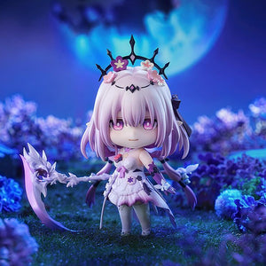 Castorice Nendoroid figure beautifully displayed in a miniature night garden diorama surrounded by purple flowers under a large, glowing blue full moon background.