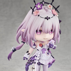 Castorice Nendoroid figure in a cute standing pose with a pleasant smile, holding a tiny lavender smartphone accessory up to her face.