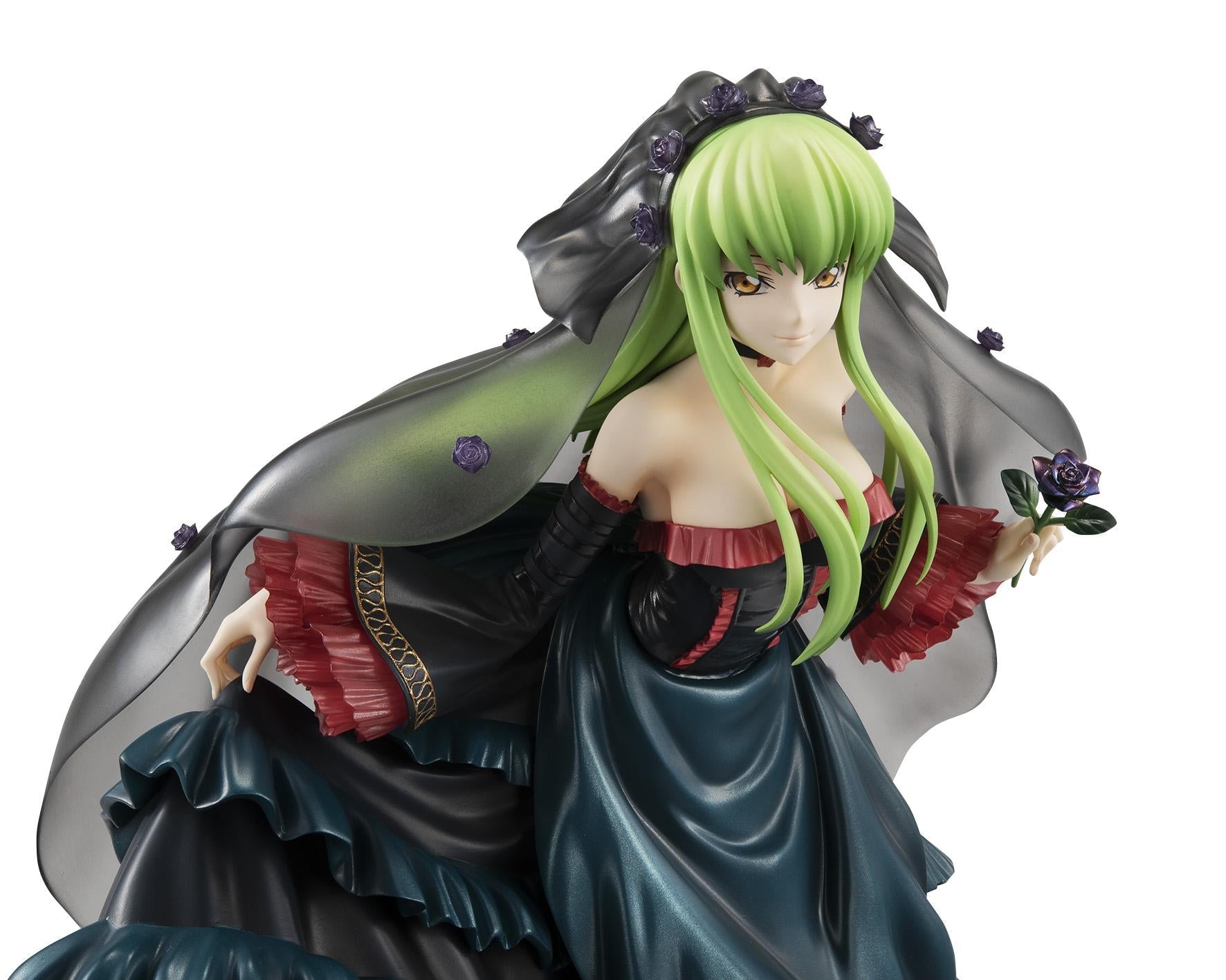 Close-up portrait of the C.C. figure focusing on her eyes, green hair, and the black rose accessory.