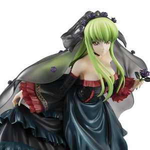 Close-up portrait of the C.C. figure focusing on her eyes, green hair, and the black rose accessory.