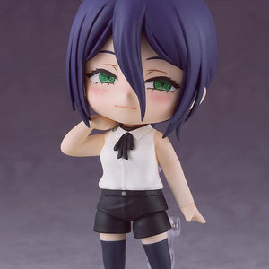 Nendoroid Reze figure with the staring face plate, posed with one hand near her shoulder/neck.