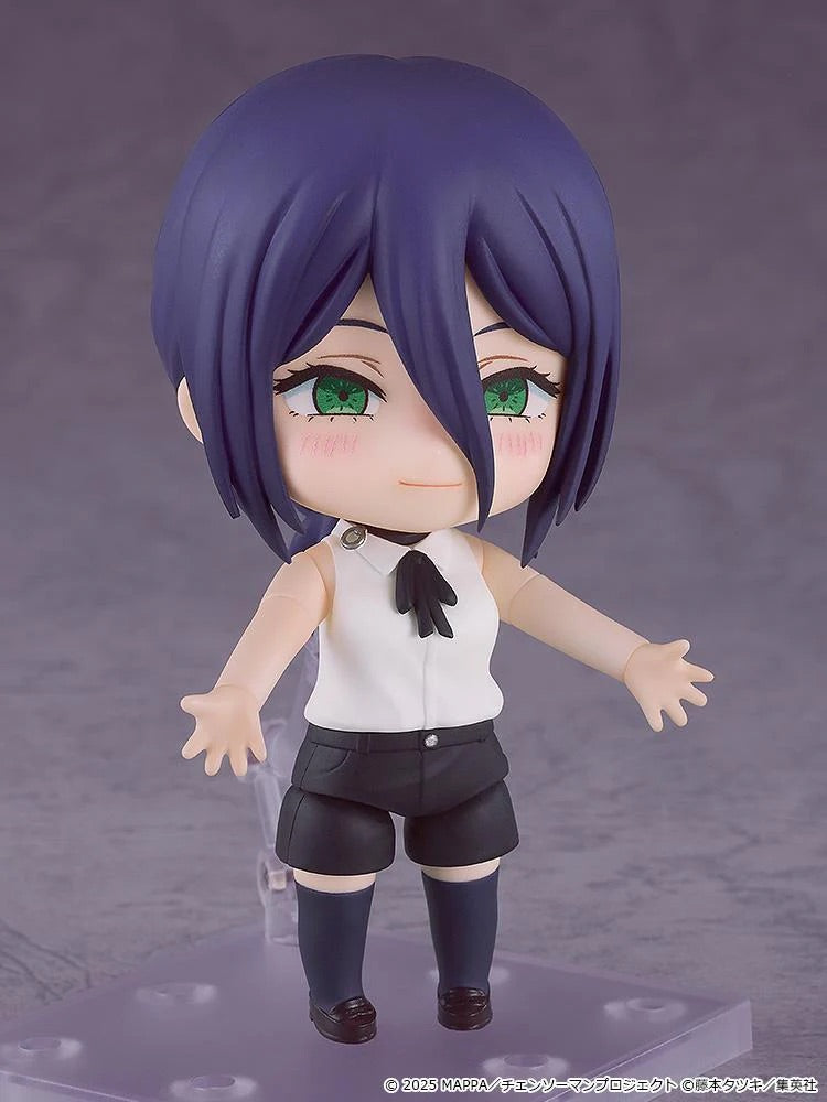 Nendoroid Reze figure with the staring face plate, posed with her arms open and slight blushing on her cheeks.