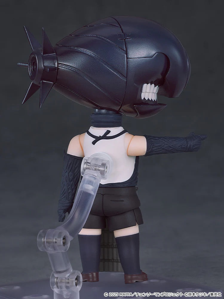 Back view of the Nendoroid Reze figure in her transformed state, showing the rear of the bomb head and the stand connection point.