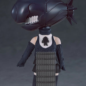 Nendoroid Reze figure in her transformed state with the large, dark bomb head, showing the stack of grenades on her torso.