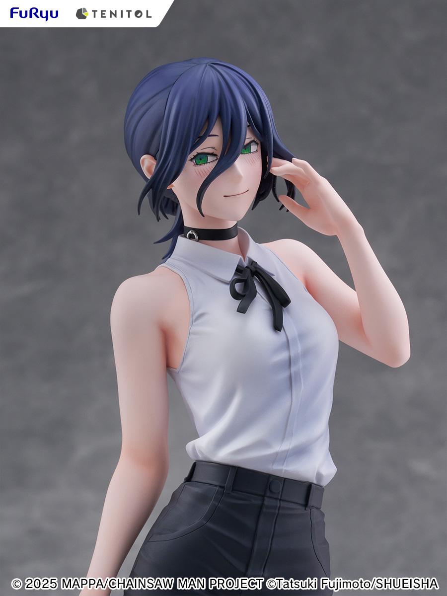 Close-up side profile shot of the Reze figure's face, highlighting the delicate paintwork on her eyes and blushing cheeks.