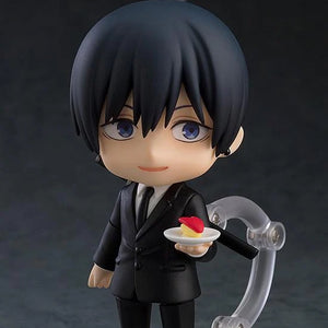 Nendoroid Aki Hayakawa figure with the smiling face plate, holding the small plate accessory with the apple bunny on it.