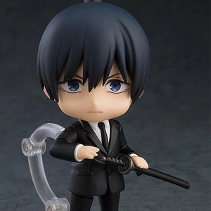 Nendoroid Aki Hayakawa figure with the standard face plate, posed holding the sheathed katana, wearing his black suit.