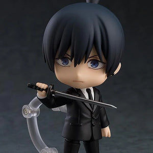 Nendoroid Aki Hayakawa figure with the standard face plate, holding the unsheathed katana blade, ready for combat.