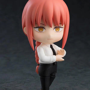 Nendoroid Makima figure with the triangular mouth face plate, posed with arms crossed, wearing her white shirt and black tie.