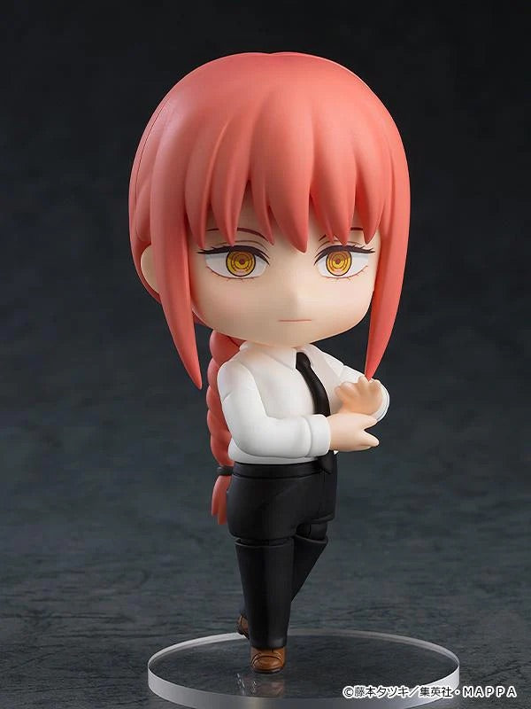 Nendoroid Makima figure with the triangular mouth face plate, posed with arms crossed, wearing her white shirt and black tie.