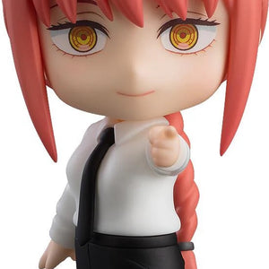 Main image of the Chainsaw Man Nendoroid Makima figure by Good Smile Company, wearing her shirt and tie and pointing forward with the smiling face plate.