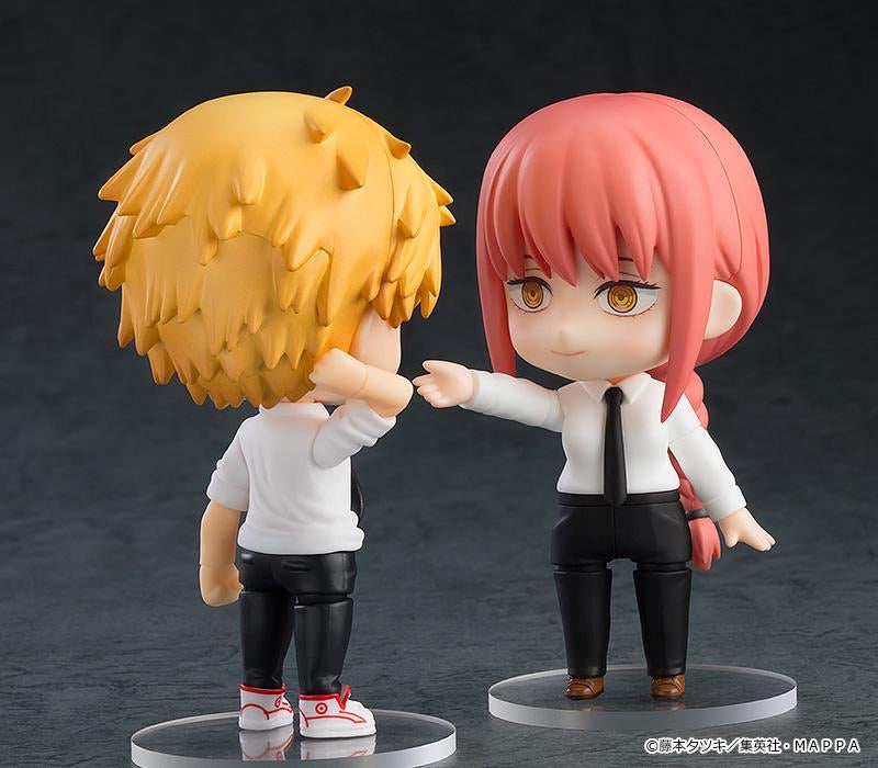 Nendoroid Makima figure reaching out, posed next to Nendoroid Denji (sold separately), showcasing the figure's scale and interaction possibilities.