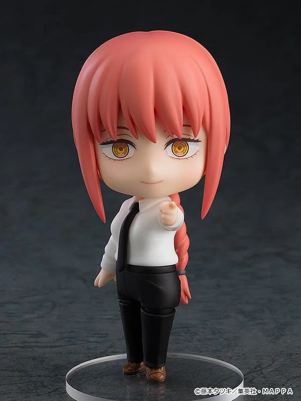 Nendoroid Makima figure with the standard face plate, wearing her white shirt and black tie, pointing her finger.