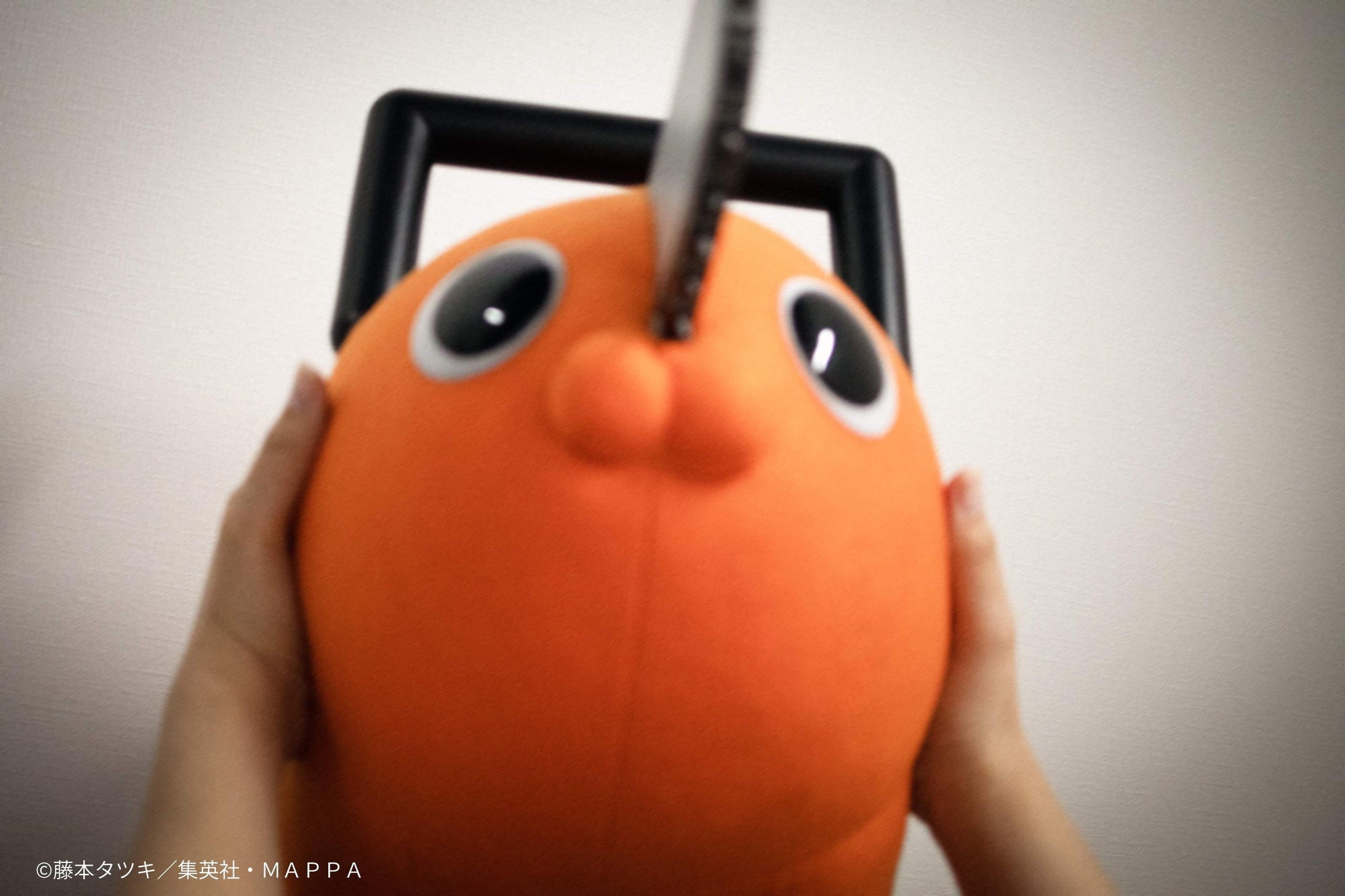 First-person perspective holding Pochita's plush cheeks up close.