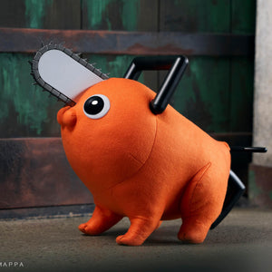 Side profile view of the Pochita life-size plush doll showing the chainsaw blade and black handle.
