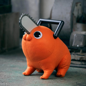Three-quarter view of the Chainsaw Man Pochita Life Size Doll standing in an industrial studio setup.