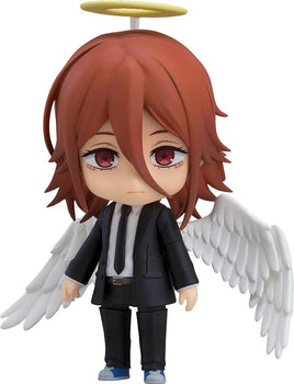 Cutout front view of the Chainsaw Man Angel Devil Nendoroid figure wearing a black suit with halo and white wings on a white background.
