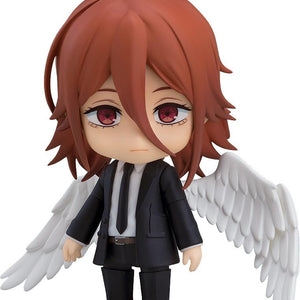 Cutout front view of the Chainsaw Man Angel Devil Nendoroid figure wearing a black suit with halo and white wings on a white background.